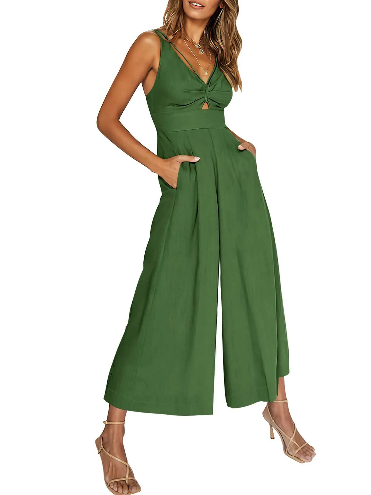 Summer Suspenders V-neck Hollow Pleated High Waist Wide Leg Pocket Women's Jumpsuit display picture 39