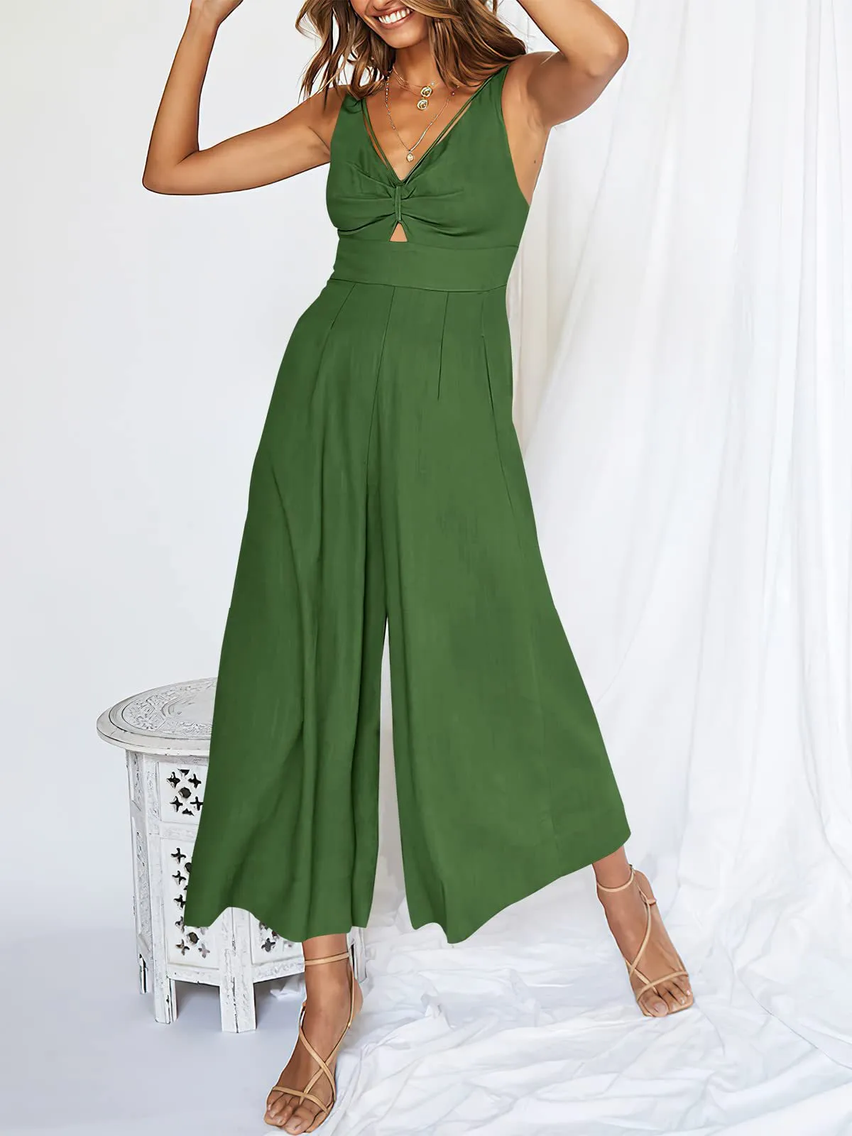 Summer Suspenders V-neck Hollow Pleated High Waist Wide Leg Pocket Women's Jumpsuit display picture 40