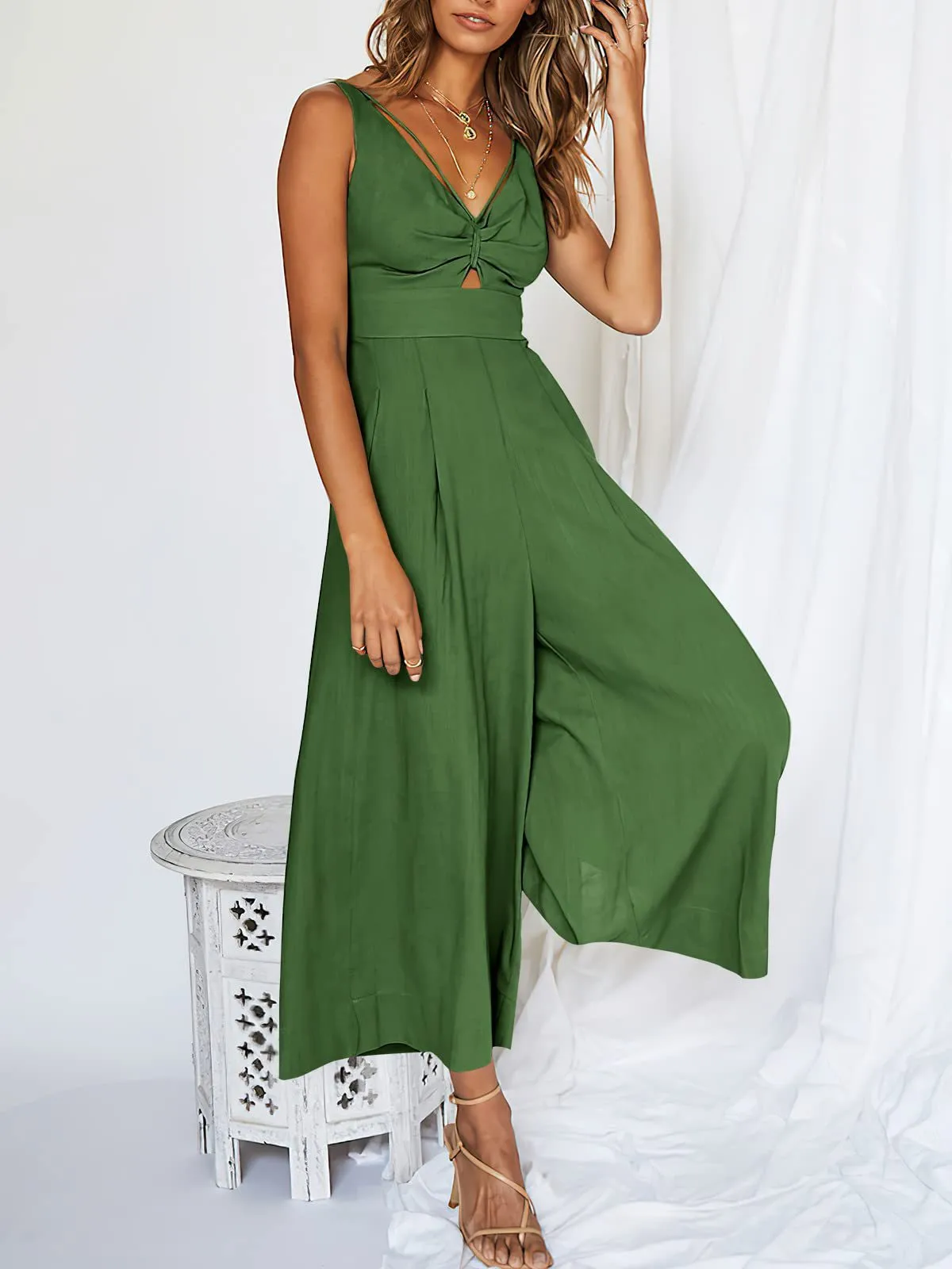 Summer Suspenders V-neck Hollow Pleated High Waist Wide Leg Pocket Women's Jumpsuit display picture 41