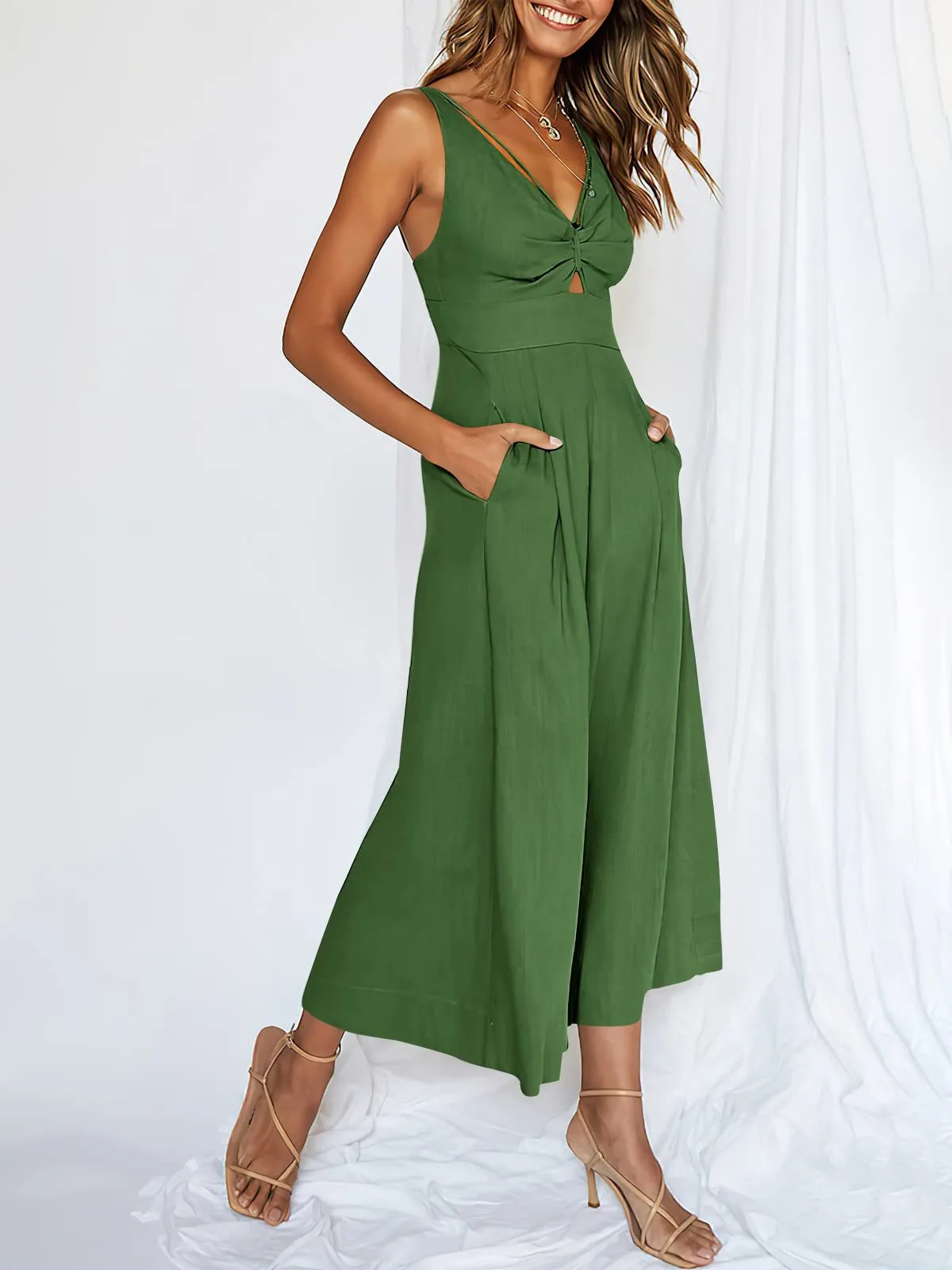 Summer Suspenders V-neck Hollow Pleated High Waist Wide Leg Pocket Women's Jumpsuit display picture 42