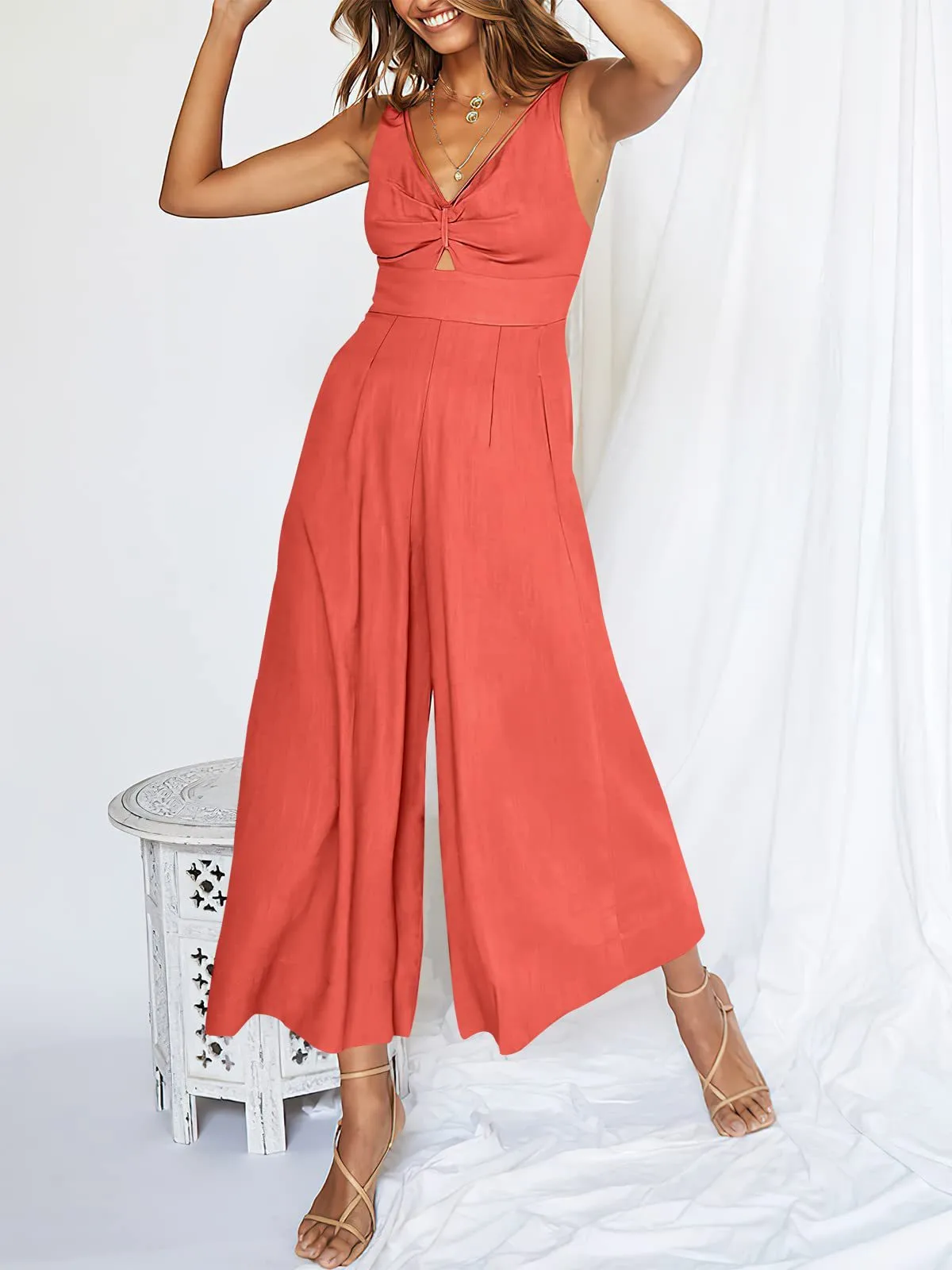 Summer Suspenders V-neck Hollow Pleated High Waist Wide Leg Pocket Women's Jumpsuit display picture 46