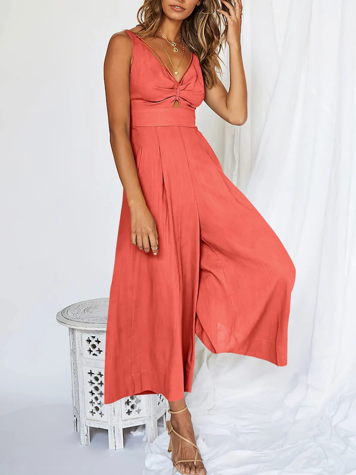 Summer Suspenders V-neck Hollow Pleated High Waist Wide Leg Pocket Women's Jumpsuit display picture 47