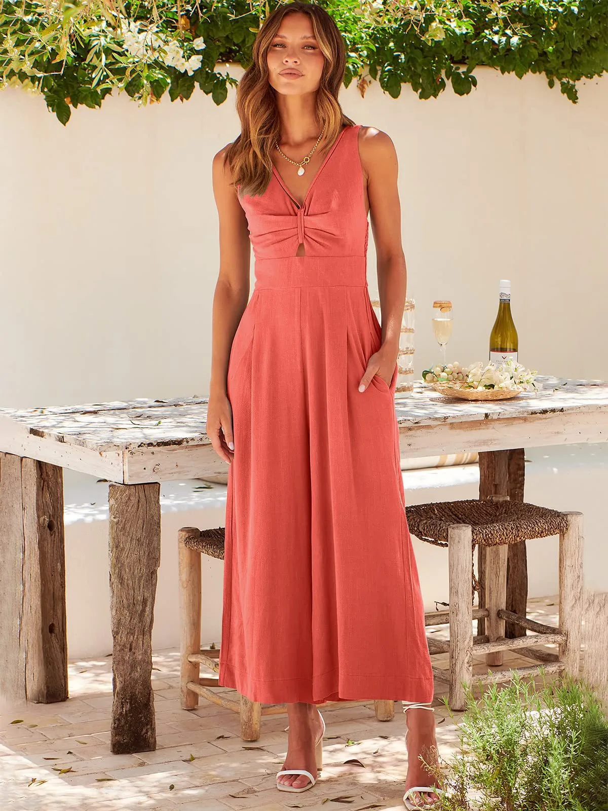 Summer Suspenders V-neck Hollow Pleated High Waist Wide Leg Pocket Women's Jumpsuit display picture 49