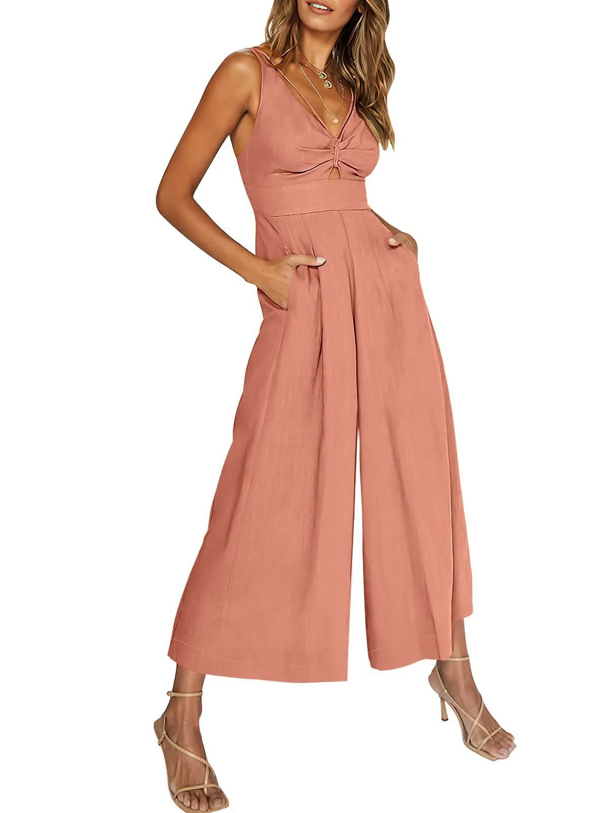 Summer Suspenders V-neck Hollow Pleated High Waist Wide Leg Pocket Women's Jumpsuit display picture 51