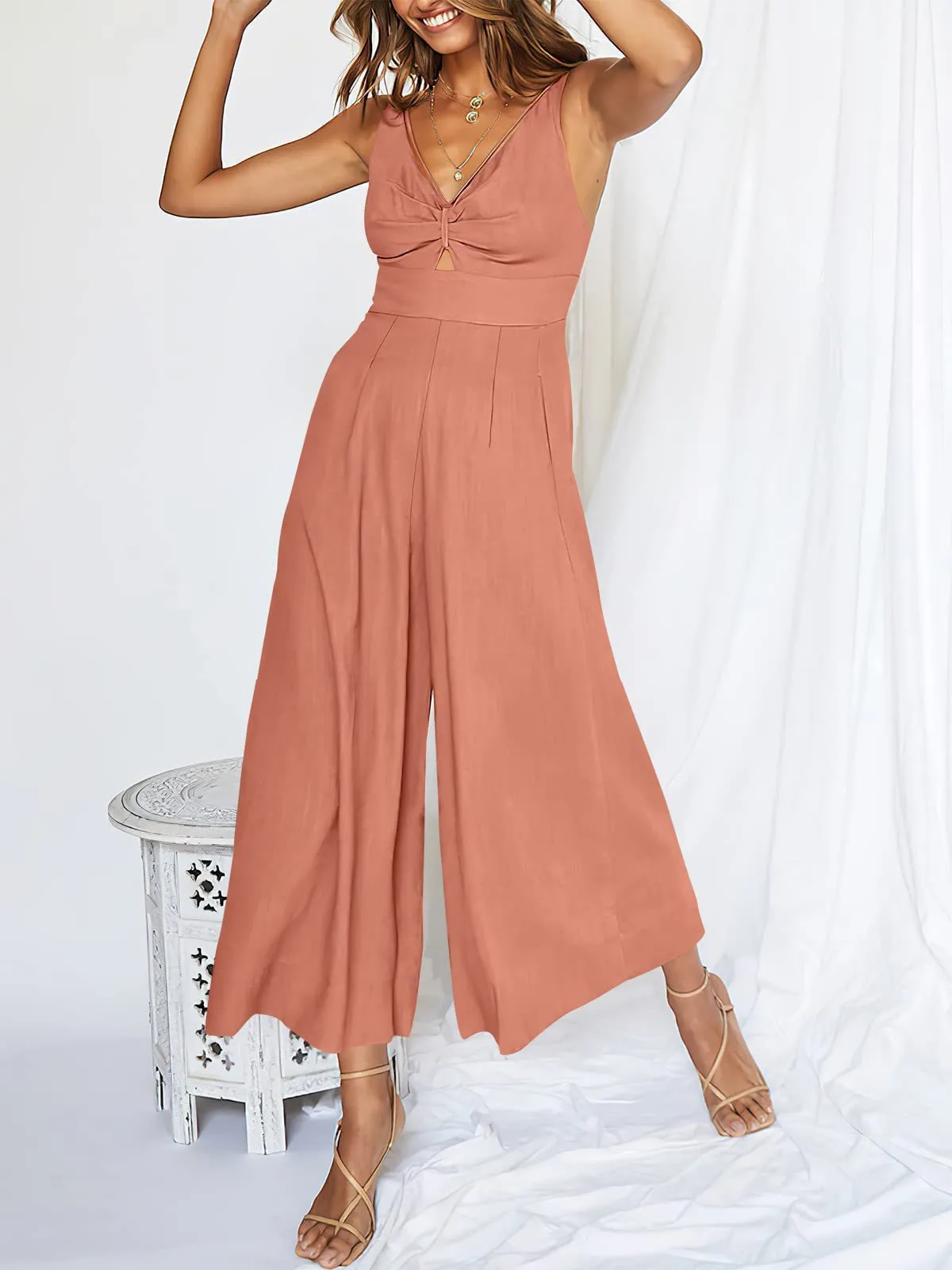 Summer Suspenders V-neck Hollow Pleated High Waist Wide Leg Pocket Women's Jumpsuit display picture 52