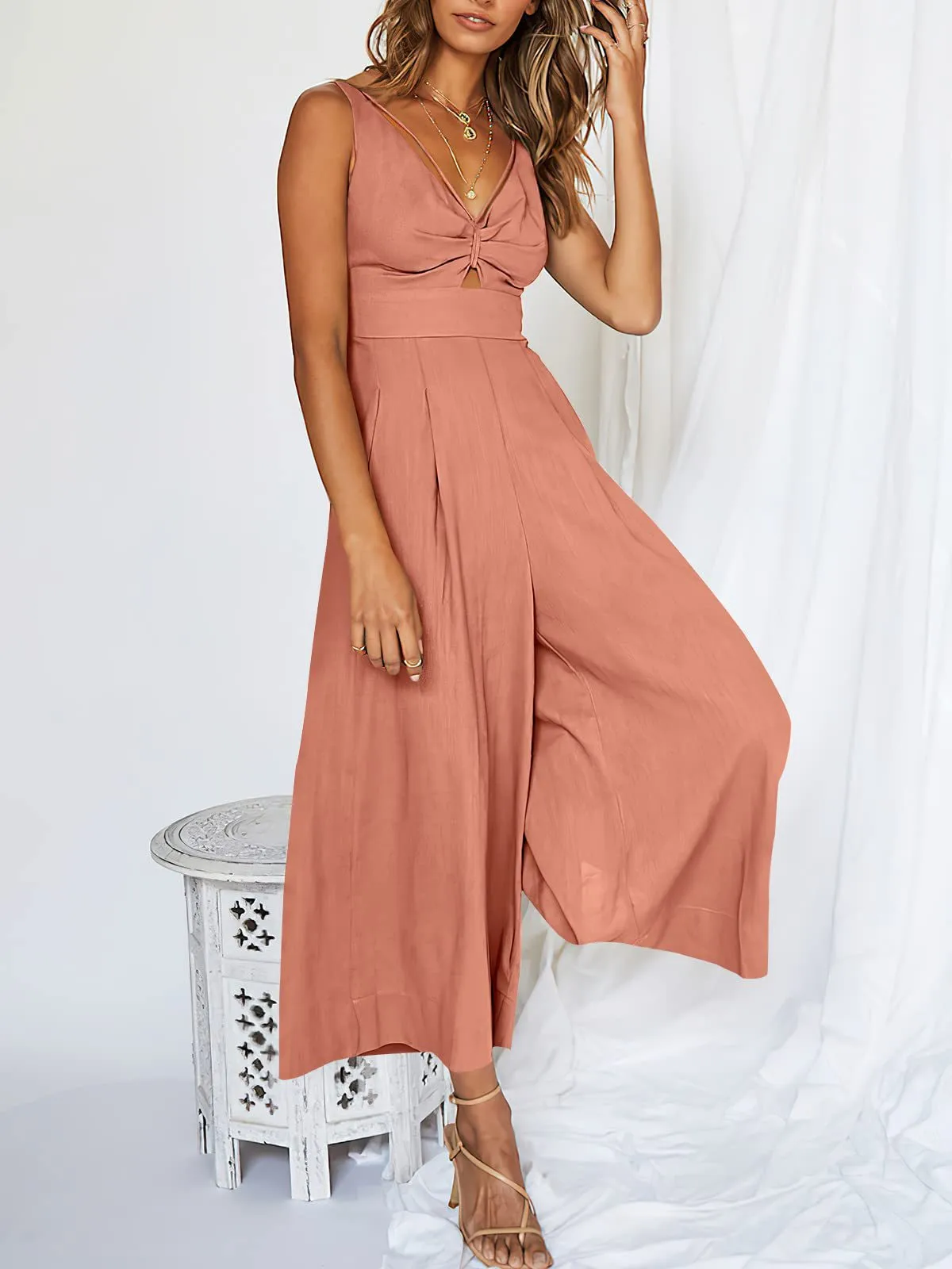 Summer Suspenders V-neck Hollow Pleated High Waist Wide Leg Pocket Women's Jumpsuit display picture 53