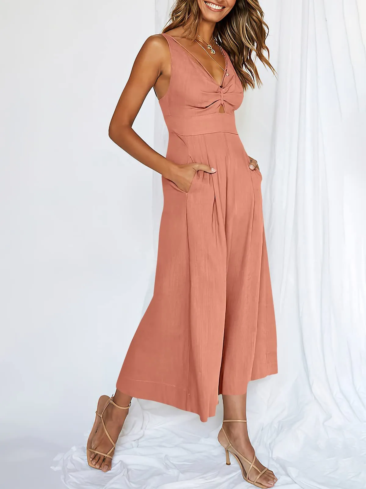 Summer Suspenders V-neck Hollow Pleated High Waist Wide Leg Pocket Women's Jumpsuit display picture 54