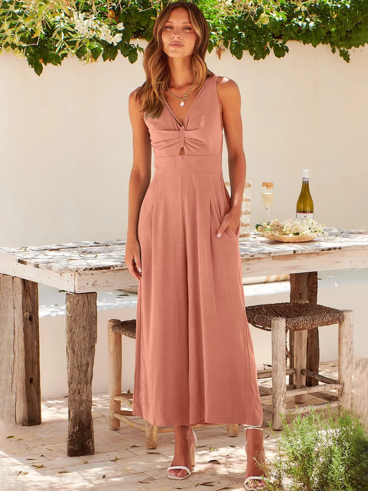 Summer Suspenders V-neck Hollow Pleated High Waist Wide Leg Pocket Women's Jumpsuit display picture 55