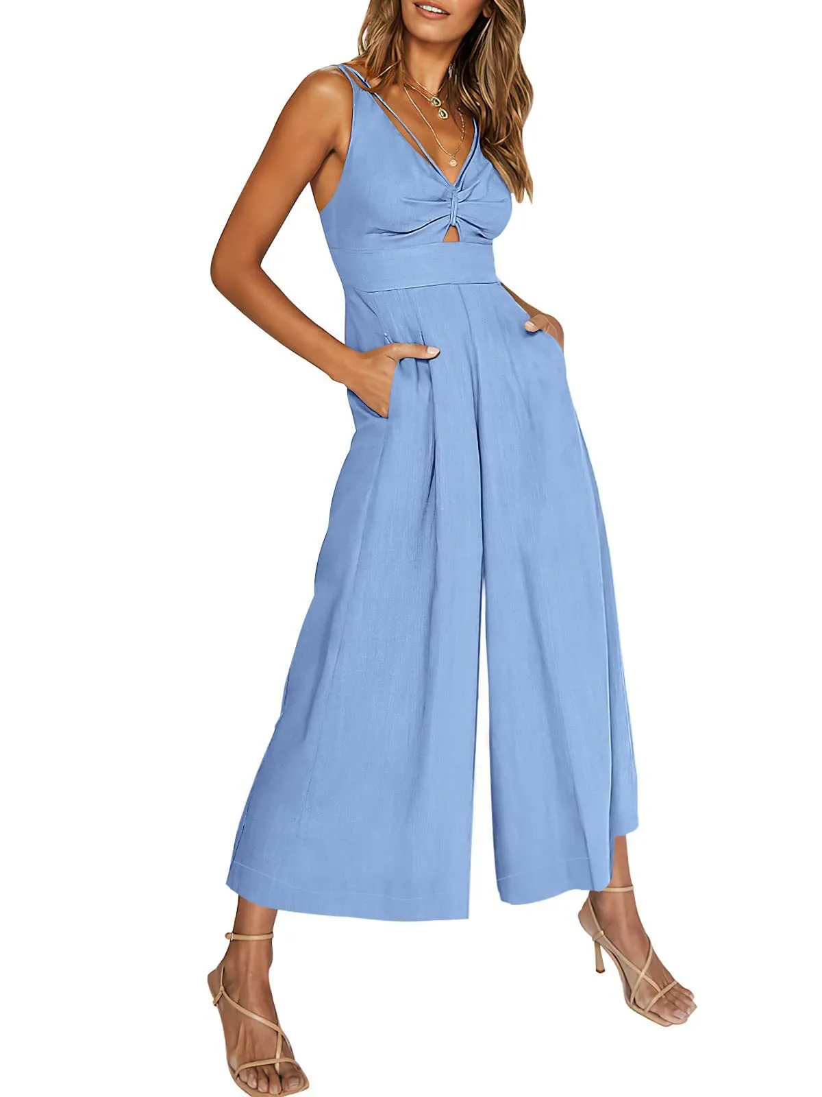 Summer Suspenders V-neck Hollow Pleated High Waist Wide Leg Pocket Women's Jumpsuit display picture 57