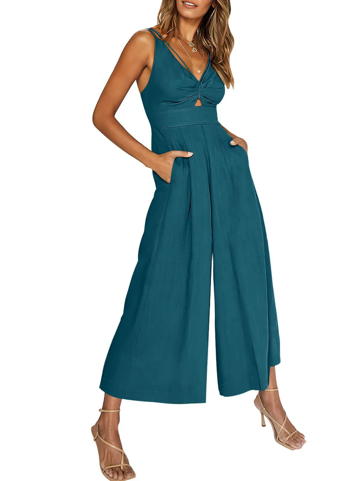 Summer Suspenders V-neck Hollow Pleated High Waist Wide Leg Pocket Women's Jumpsuit display picture 63