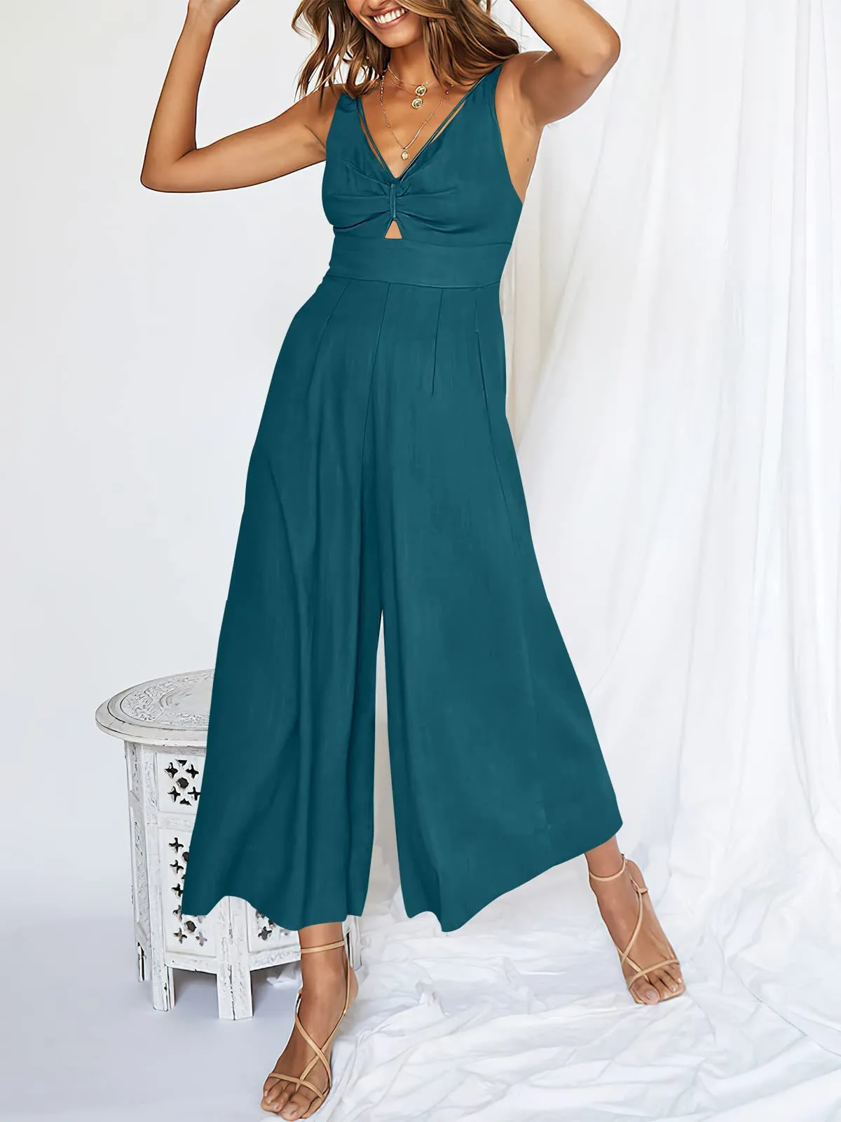Summer Suspenders V-neck Hollow Pleated High Waist Wide Leg Pocket Women's Jumpsuit display picture 64