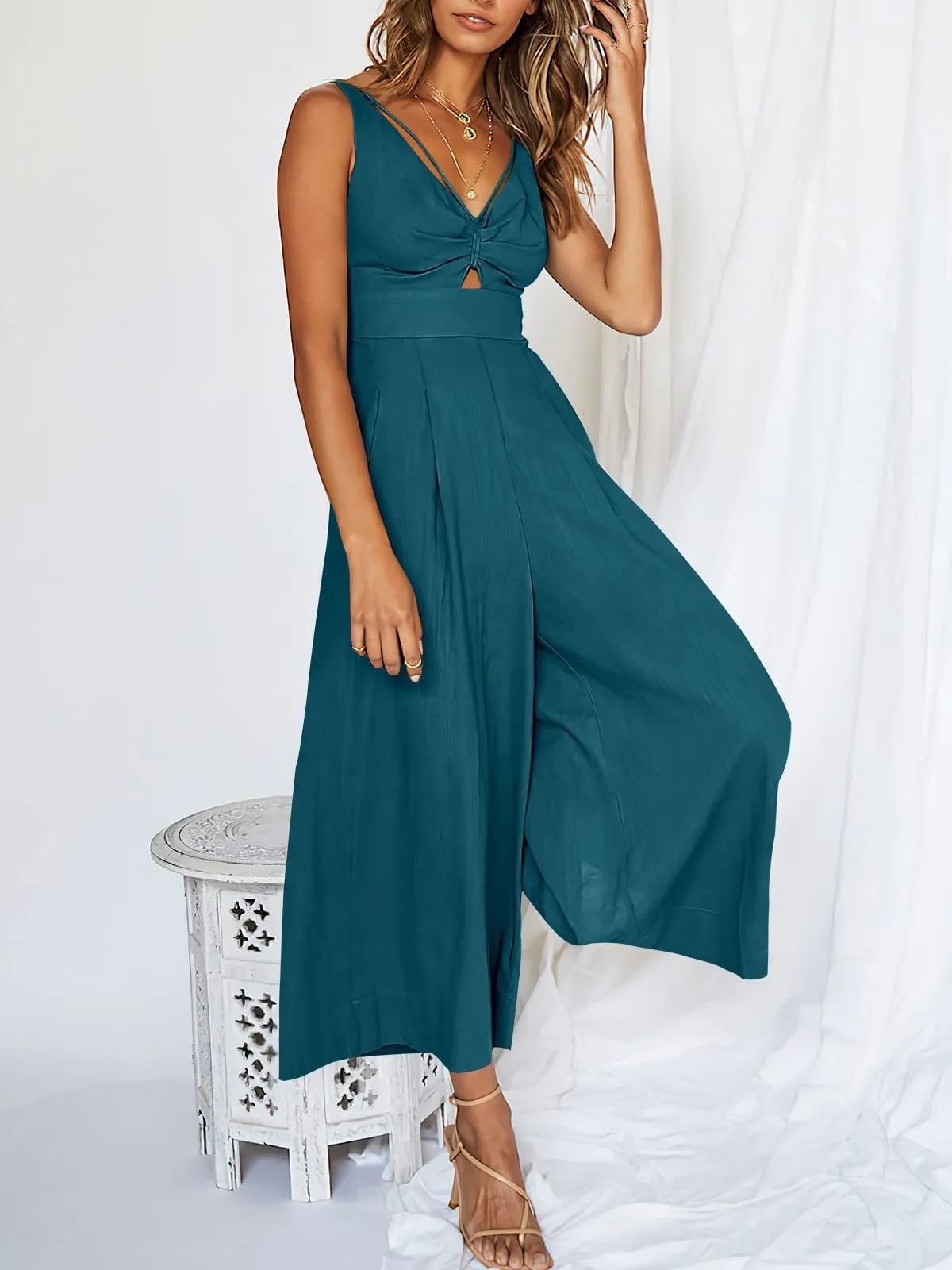 Summer Suspenders V-neck Hollow Pleated High Waist Wide Leg Pocket Women's Jumpsuit display picture 65