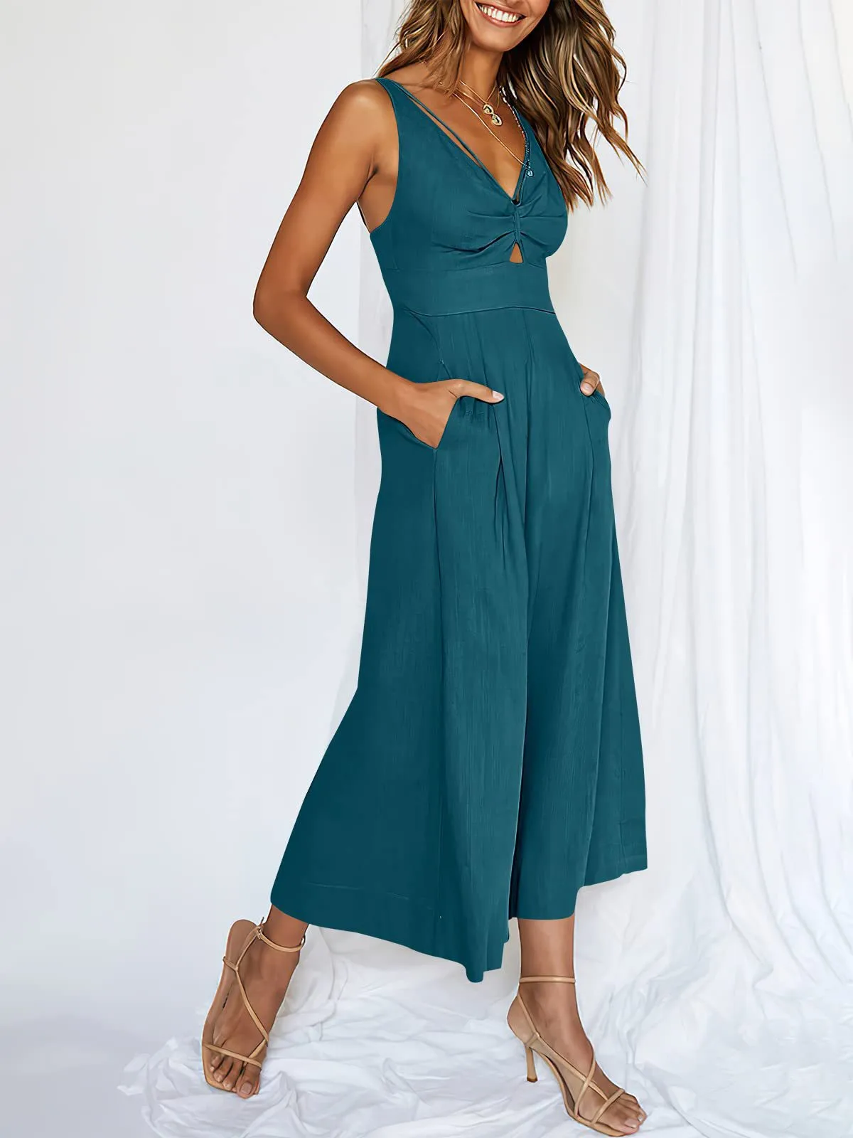 Summer Suspenders V-neck Hollow Pleated High Waist Wide Leg Pocket Women's Jumpsuit display picture 66