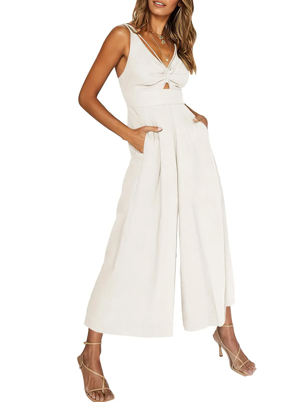 Summer Suspenders V-neck Hollow Pleated High Waist Wide Leg Pocket Women's Jumpsuit display picture 69