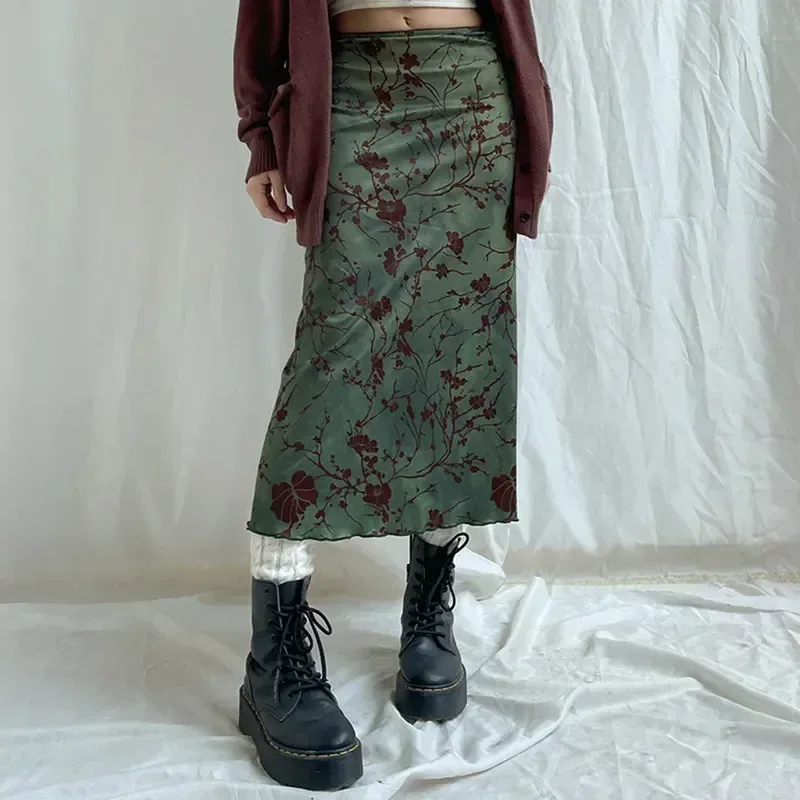 A680SK  Spice Girl  New Chinese Retro Plant Printed Women's Slimming Mid-length High Waist Skirt display picture 2