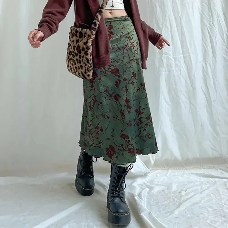 A680SK  Spice Girl  New Chinese Retro Plant Printed Women's Slimming Mid-length High Waist Skirt display picture 4