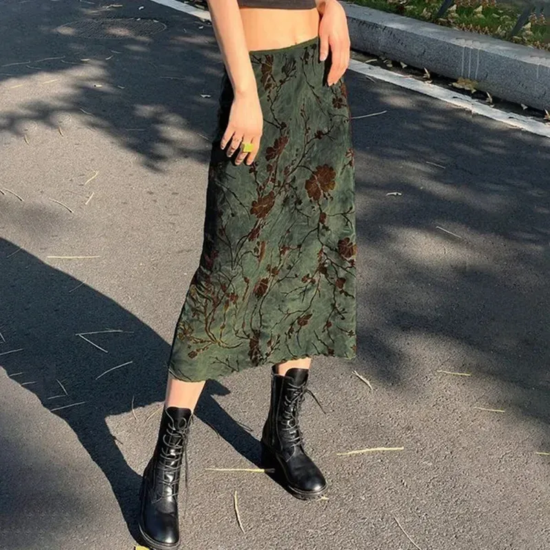 A680SK  Spice Girl  New Chinese Retro Plant Printed Women's Slimming Mid-length High Waist Skirt display picture 5