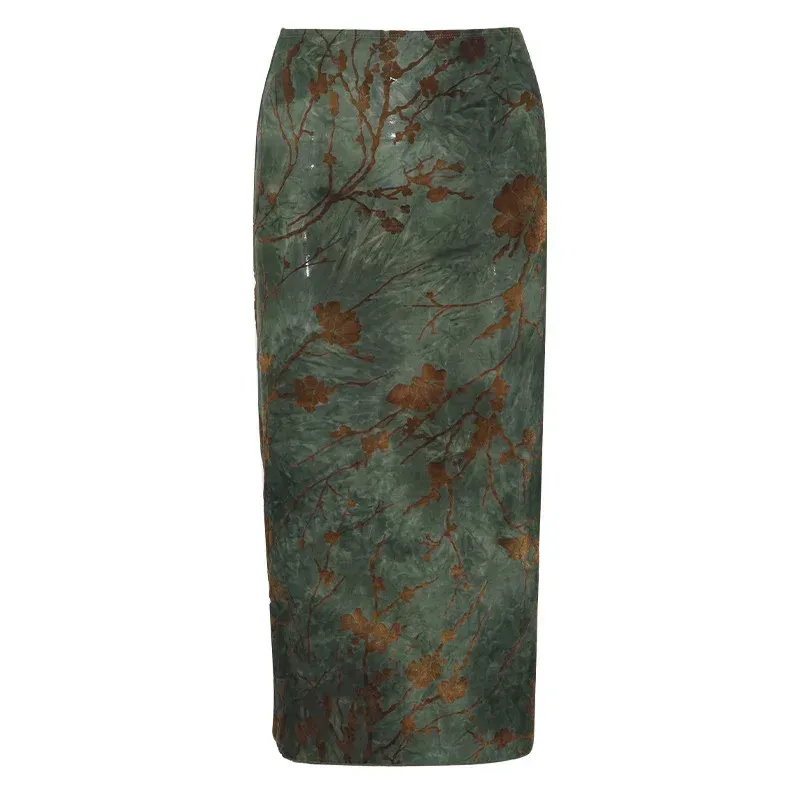 A680SK  Spice Girl  New Chinese Retro Plant Printed Women's Slimming Mid-length High Waist Skirt display picture 6