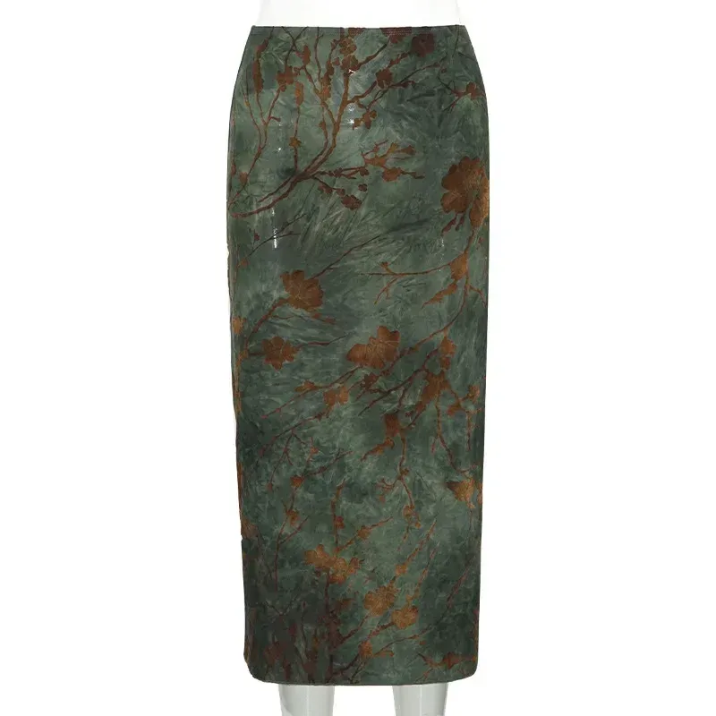 A680SK  Spice Girl  New Chinese Retro Plant Printed Women's Slimming Mid-length High Waist Skirt display picture 7