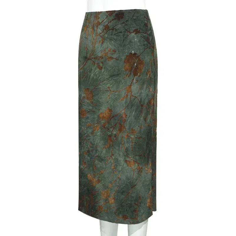 A680SK  Spice Girl  New Chinese Retro Plant Printed Women's Slimming Mid-length High Waist Skirt display picture 8