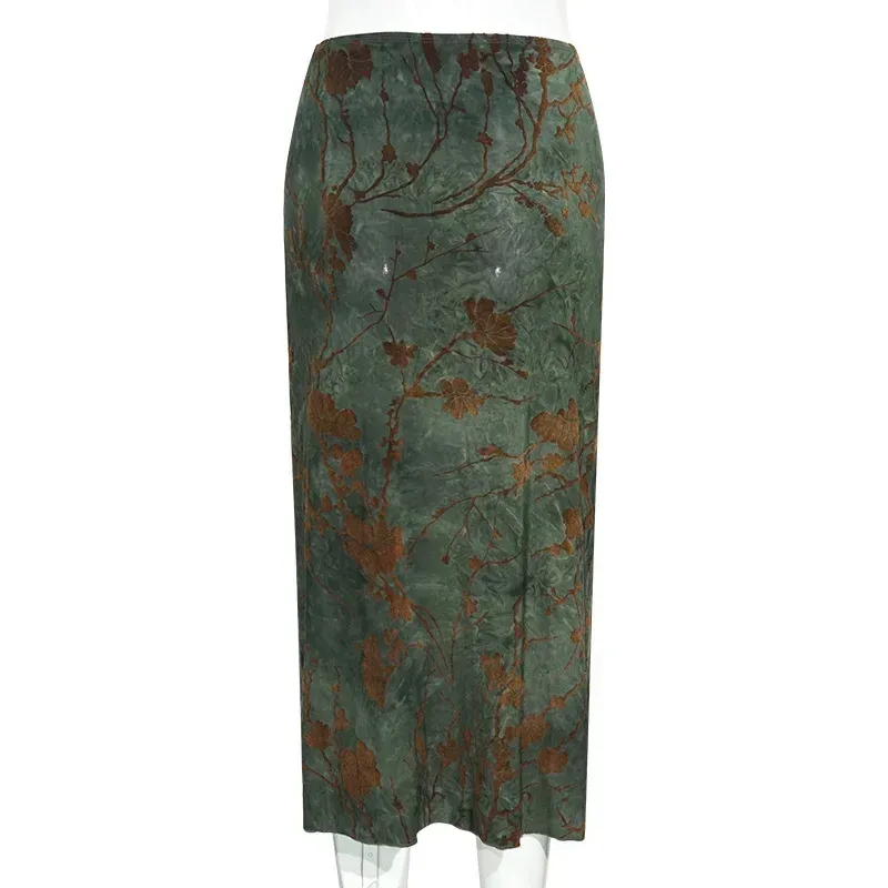 A680SK  Spice Girl  New Chinese Retro Plant Printed Women's Slimming Mid-length High Waist Skirt display picture 9