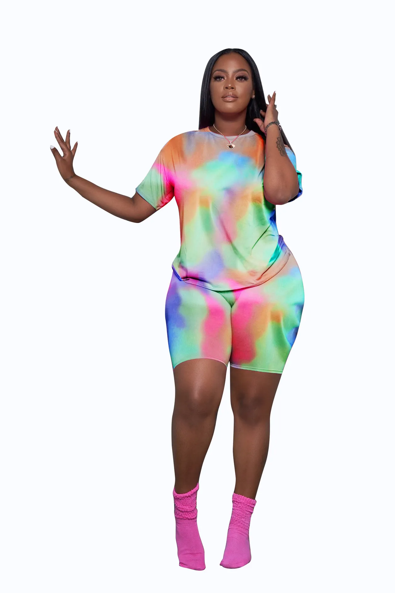 LD8862 Summer New  Women's Tie-dye Suit  Short-sleeved Shorts Splash-ink Printing Suit display picture 7