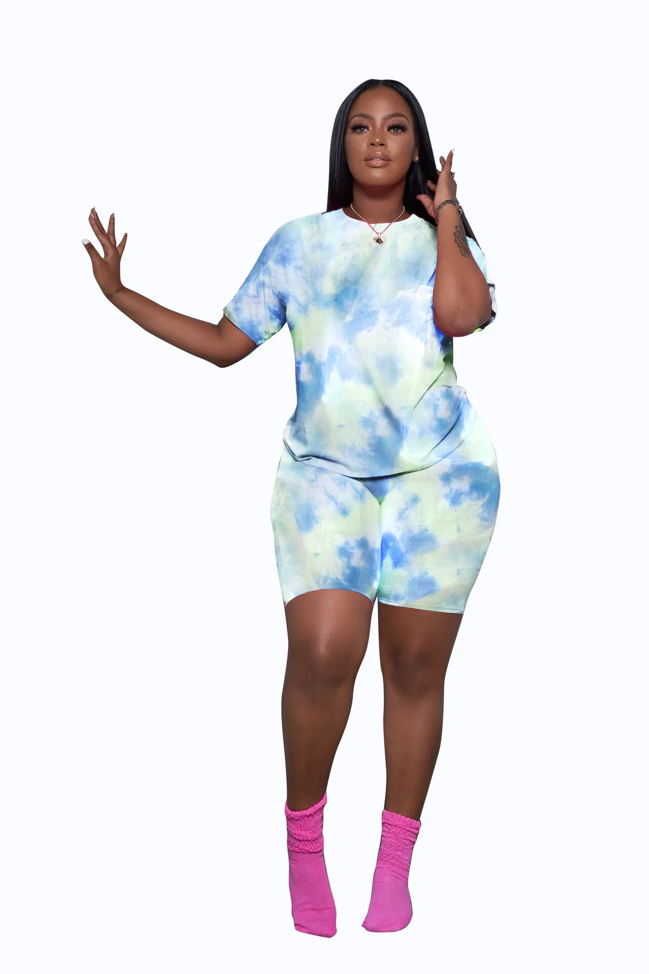 LD8862 Summer New  Women's Tie-dye Suit  Short-sleeved Shorts Splash-ink Printing Suit display picture 8
