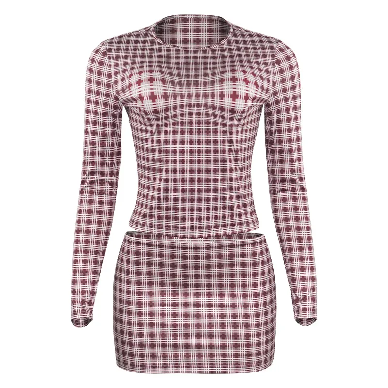 A637ST   Autumn Fashion Vintage Plaid Crewneck Pullover Long Sleeve High Waist Skirt Slim Fit Women's Suit display picture 6