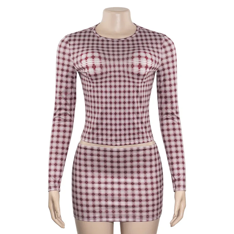 A637ST   Autumn Fashion Vintage Plaid Crewneck Pullover Long Sleeve High Waist Skirt Slim Fit Women's Suit display picture 7