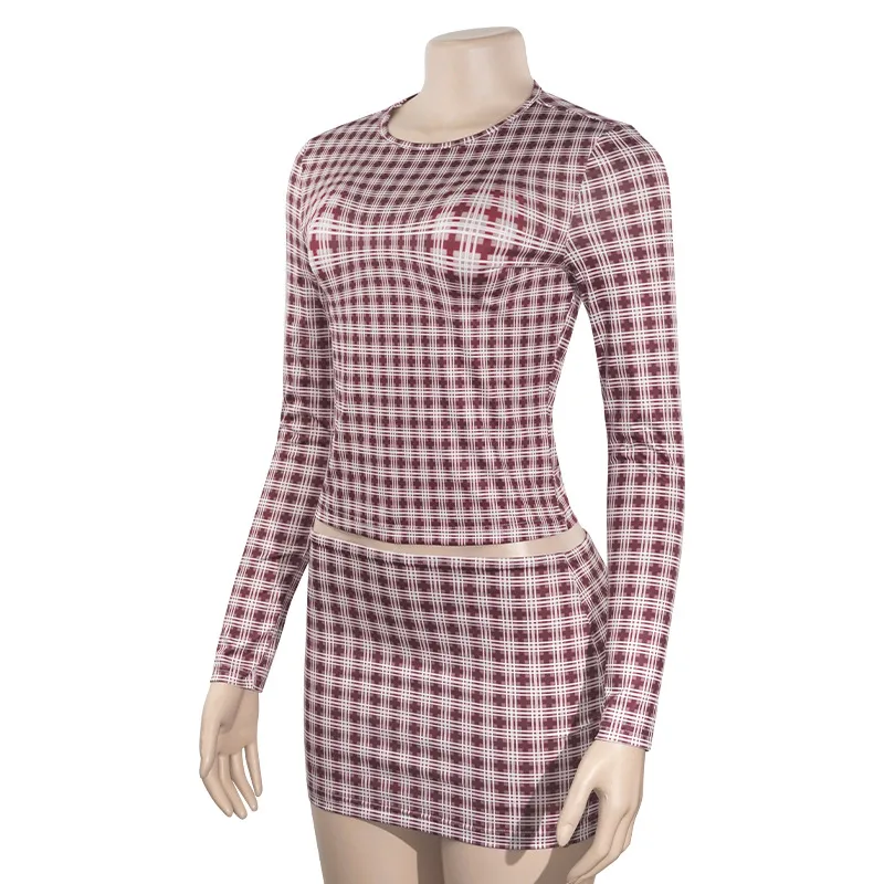 A637ST   Autumn Fashion Vintage Plaid Crewneck Pullover Long Sleeve High Waist Skirt Slim Fit Women's Suit display picture 8