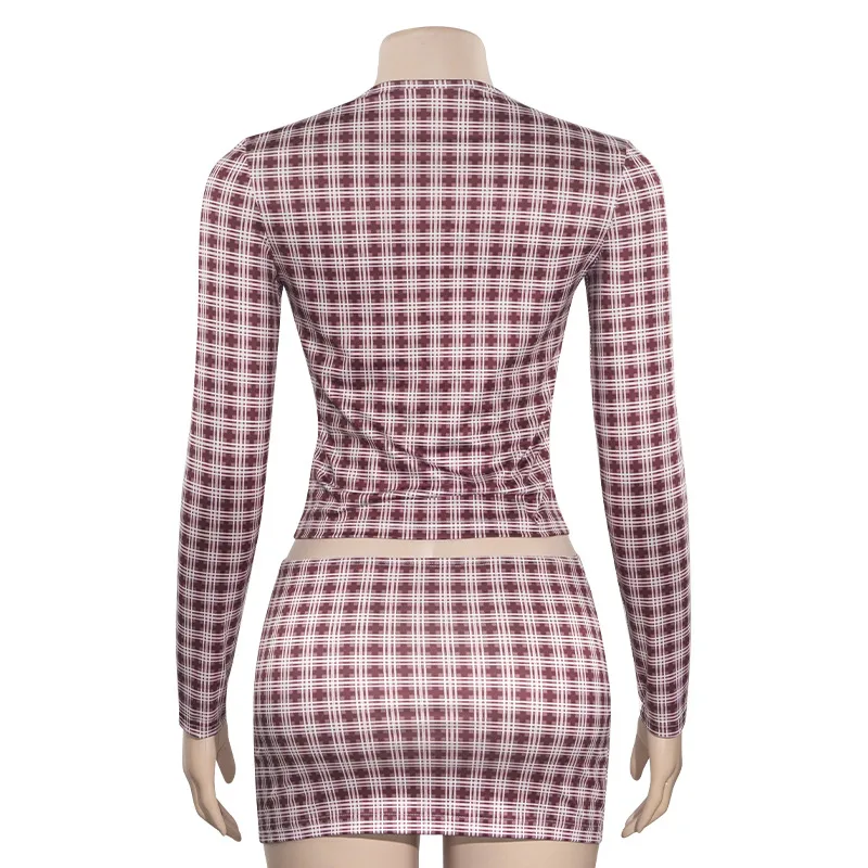 A637ST   Autumn Fashion Vintage Plaid Crewneck Pullover Long Sleeve High Waist Skirt Slim Fit Women's Suit display picture 9