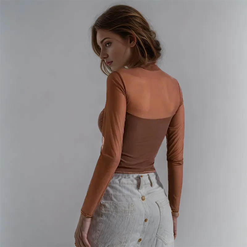 C116TP Europe And The United States  New Solid Color Round Neck Mesh Stitching Perspective Long Sleeve Half High Collar Sexy Women's Top display picture 3