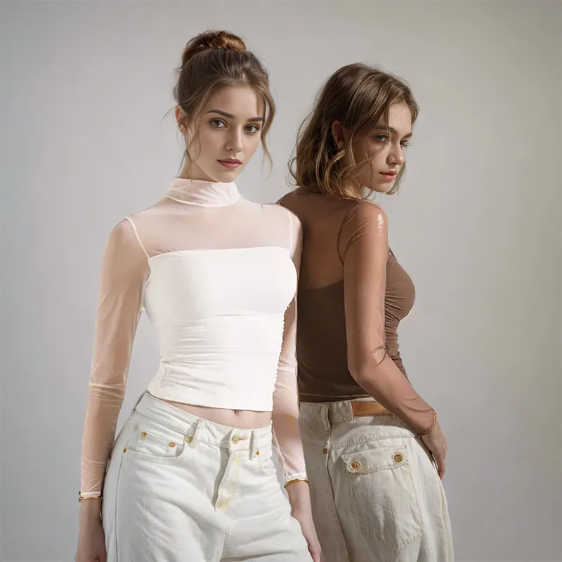 C116TP Europe And The United States  New Solid Color Round Neck Mesh Stitching Perspective Long Sleeve Half High Collar Sexy Women's Top display picture 4