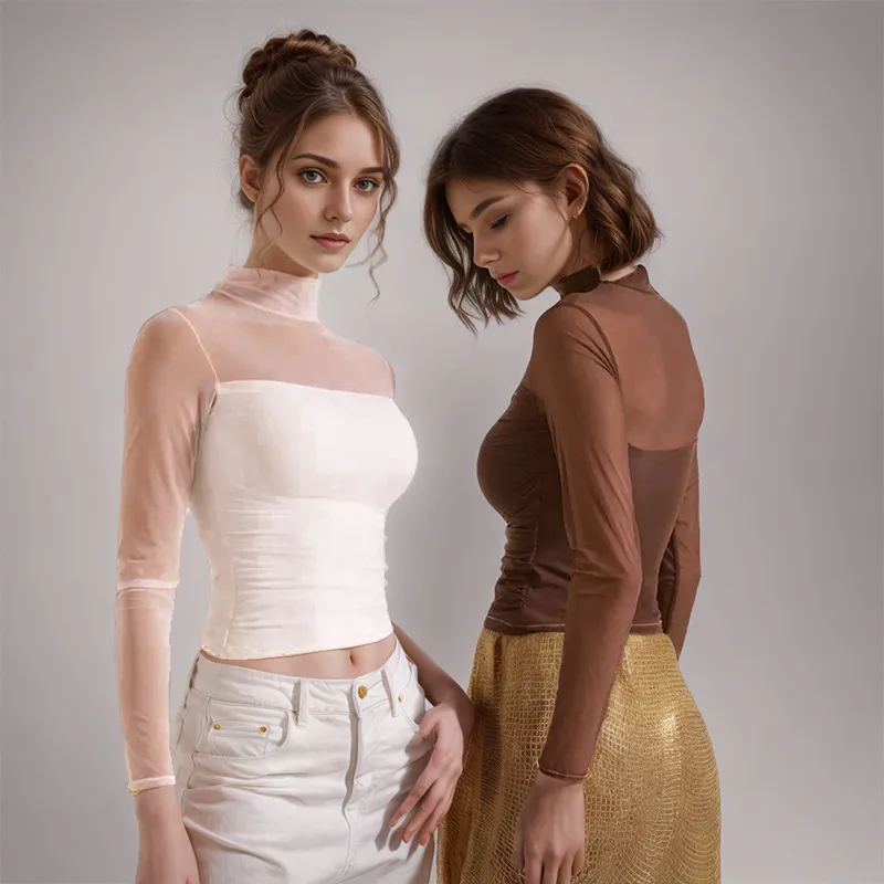 C116TP Europe And The United States  New Solid Color Round Neck Mesh Stitching Perspective Long Sleeve Half High Collar Sexy Women's Top display picture 5
