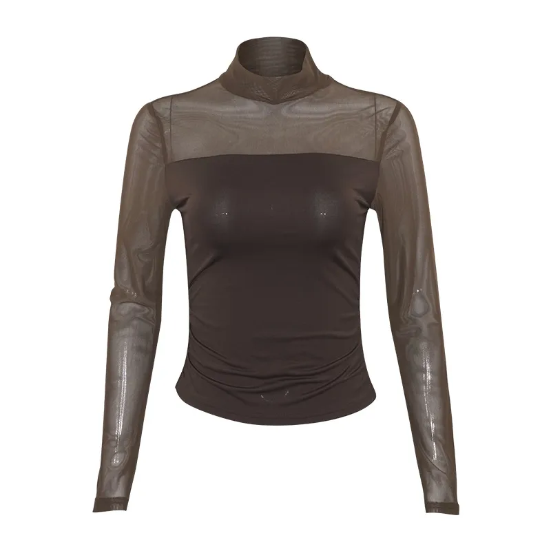 C116TP Europe And The United States  New Solid Color Round Neck Mesh Stitching Perspective Long Sleeve Half High Collar Sexy Women's Top display picture 9
