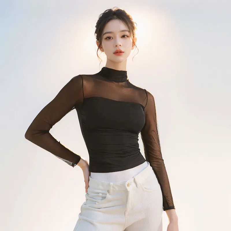 C116TP Europe And The United States  New Solid Color Round Neck Mesh Stitching Perspective Long Sleeve Half High Collar Sexy Women's Top display picture 6