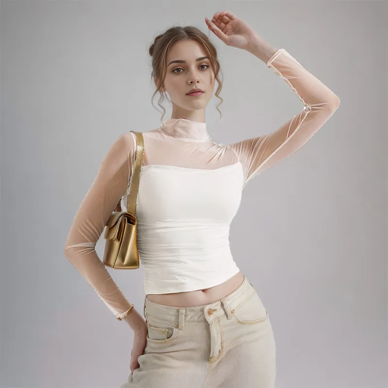 C116TP Europe And The United States  New Solid Color Round Neck Mesh Stitching Perspective Long Sleeve Half High Collar Sexy Women's Top display picture 7