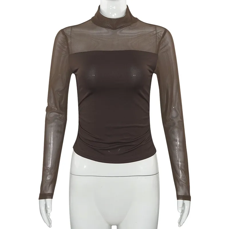 C116TP Europe And The United States  New Solid Color Round Neck Mesh Stitching Perspective Long Sleeve Half High Collar Sexy Women's Top display picture 10