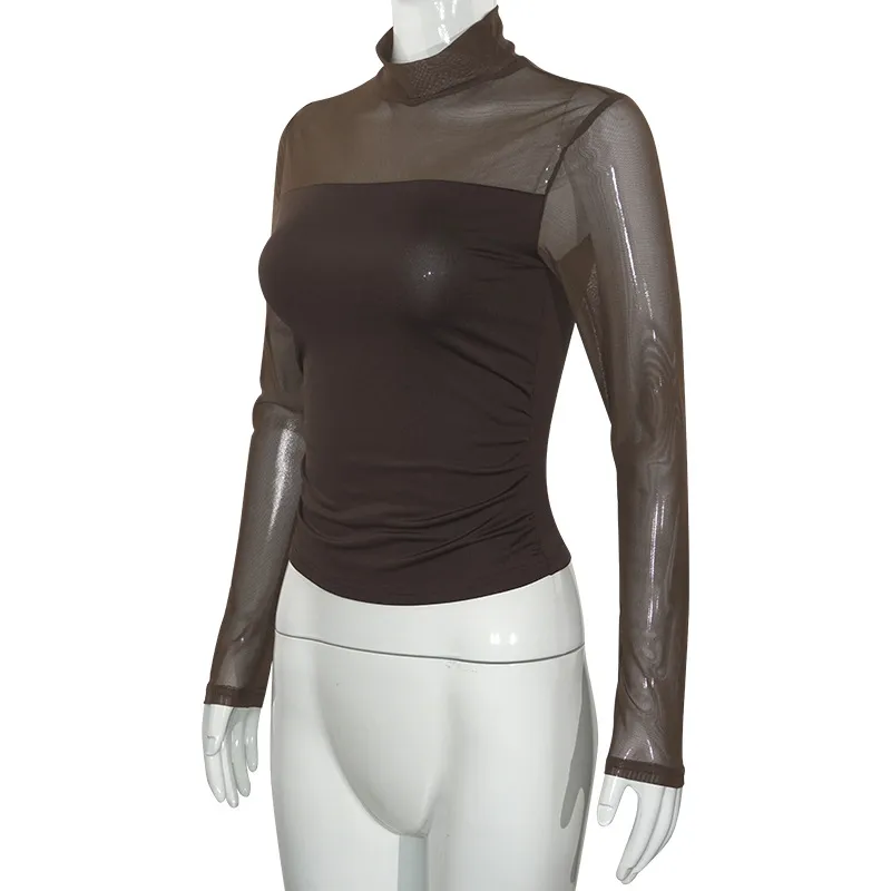 C116TP Europe And The United States  New Solid Color Round Neck Mesh Stitching Perspective Long Sleeve Half High Collar Sexy Women's Top display picture 11