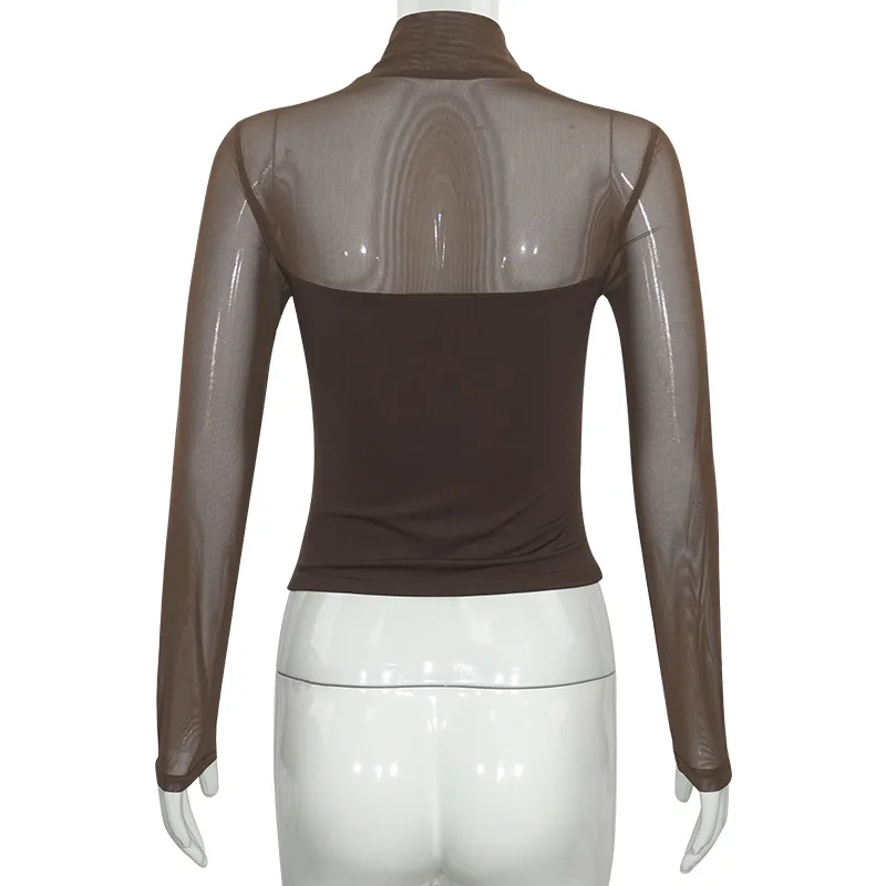 C116TP Europe And The United States  New Solid Color Round Neck Mesh Stitching Perspective Long Sleeve Half High Collar Sexy Women's Top display picture 12