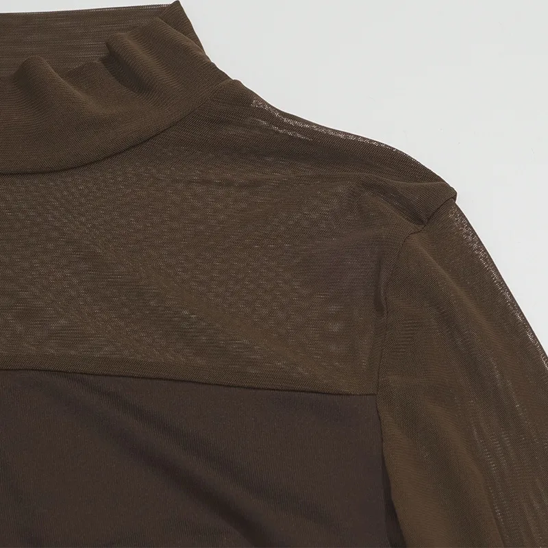 C116TP Europe And The United States  New Solid Color Round Neck Mesh Stitching Perspective Long Sleeve Half High Collar Sexy Women's Top display picture 14