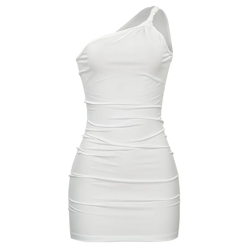 L259DS Europe And The United States   New Solid Color Sleeveless One-sided Oblique Shoulder Short Slim Hip Women's Dress display picture 9