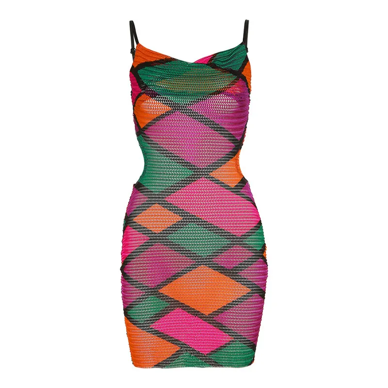 W081DS    Spring And Summer New Sleeveless Pullover Rhombus Color Sling Backless Slim Fit Dress display picture 7