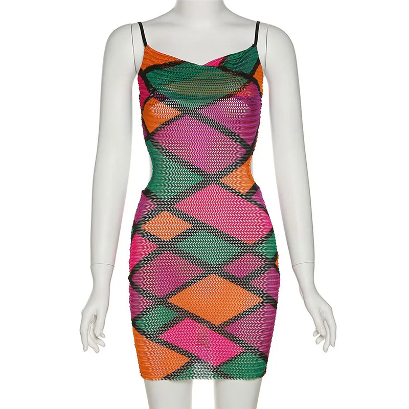 W081DS    Spring And Summer New Sleeveless Pullover Rhombus Color Sling Backless Slim Fit Dress display picture 8