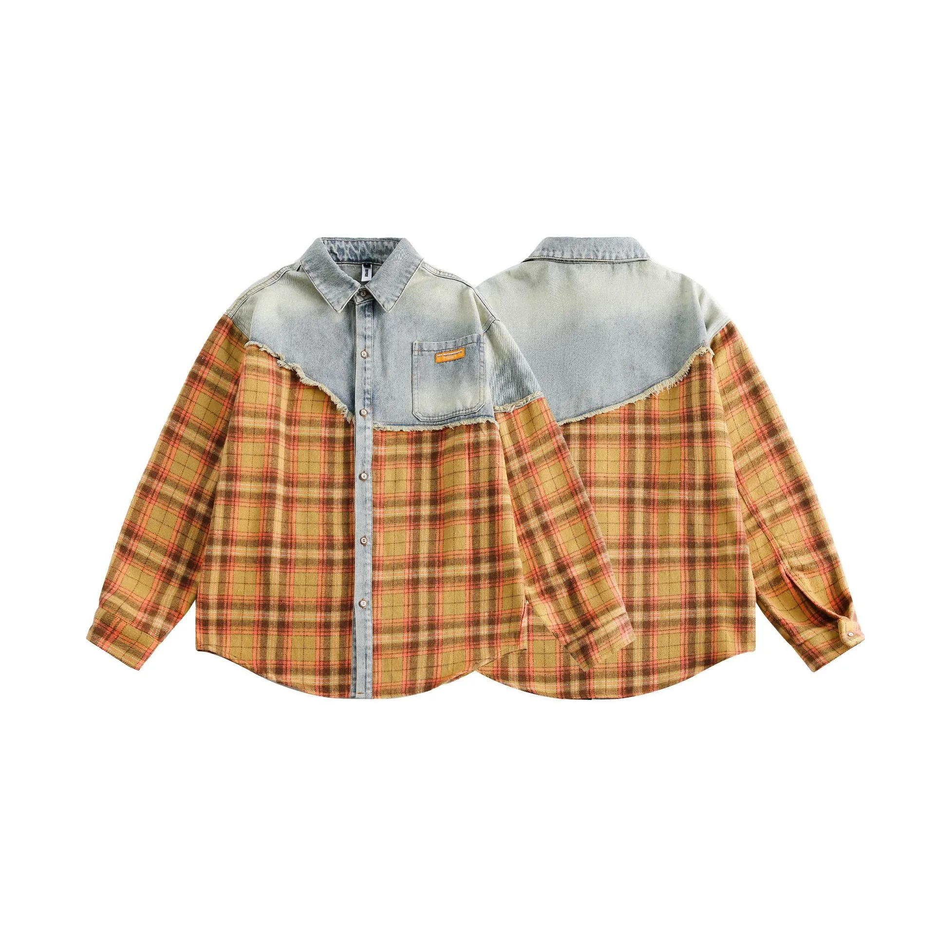 Jiayiku Men's  Autumn And Winter New American Retro Ins Tide Washed Damaged Denim Stitching Design Shirt display picture 13