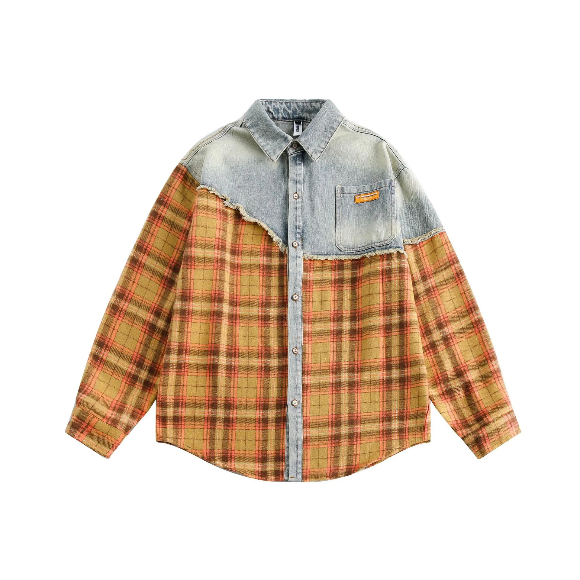 Jiayiku Men's  Autumn And Winter New American Retro Ins Tide Washed Damaged Denim Stitching Design Shirt display picture 14