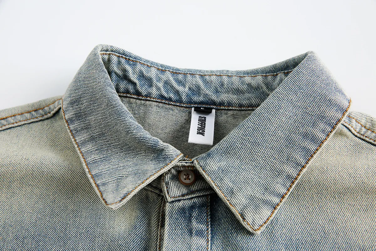 Jiayiku Men's  Autumn And Winter New American Retro Ins Tide Washed Damaged Denim Stitching Design Shirt display picture 16