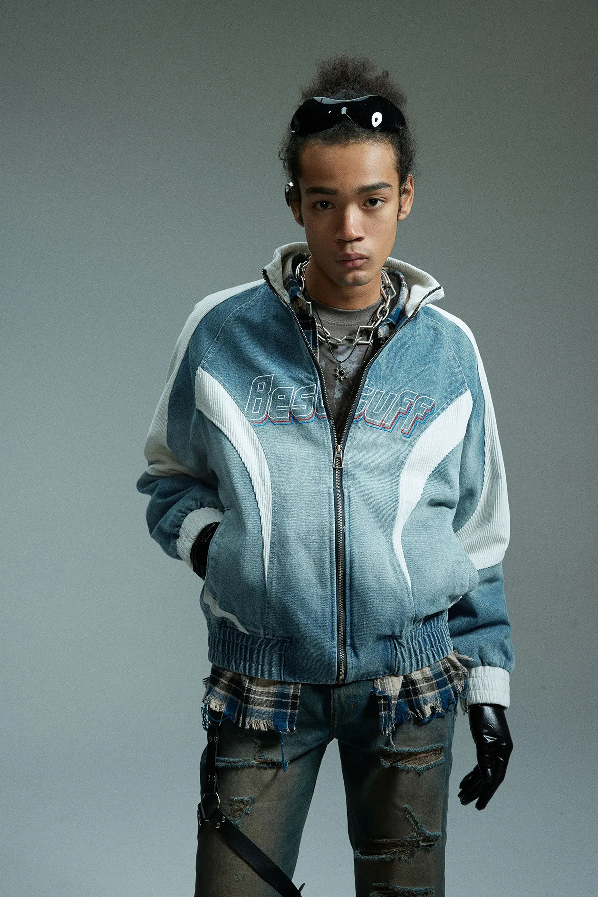 Jiayiku Tide Brand  New American Retro Washing Water Denim Jacket Men's Motorcycle Wind Corduroy Stitching Jacket display picture 2
