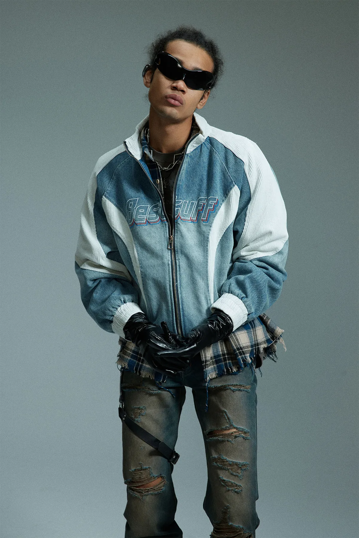 Jiayiku Tide Brand  New American Retro Washing Water Denim Jacket Men's Motorcycle Wind Corduroy Stitching Jacket display picture 3