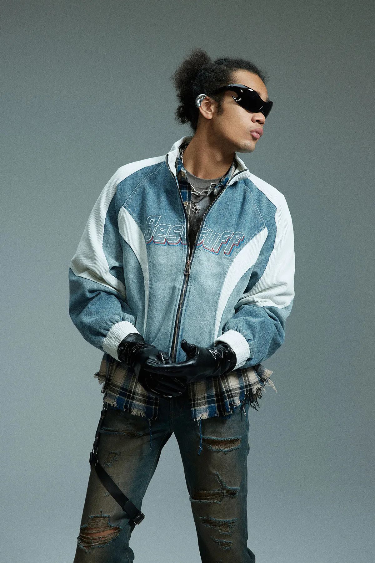 Jiayiku Tide Brand  New American Retro Washing Water Denim Jacket Men's Motorcycle Wind Corduroy Stitching Jacket display picture 5